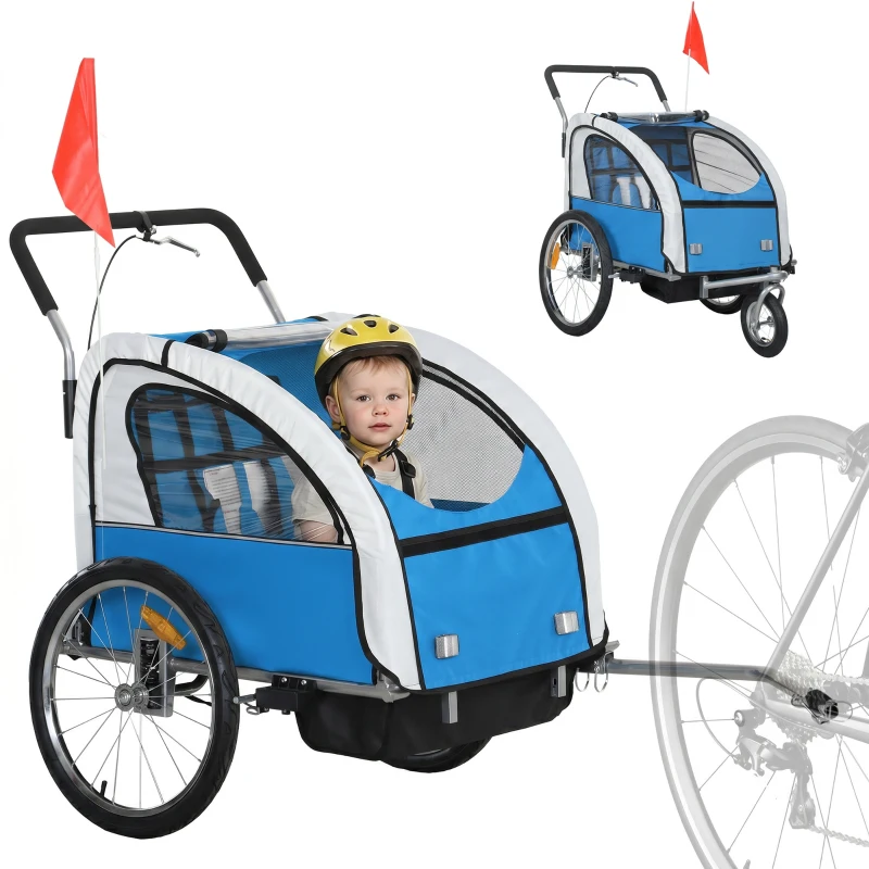 Aosom 2-in-1 Bike Trailer for Kids, Foldable 2-Seat Baby Stroller with 5-Point Harness, Rubber Wheels, Storage Bag, Blue