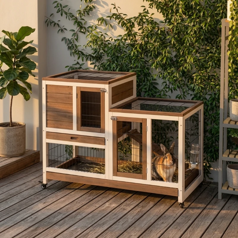 PawHut Wooden Rabbit Hutch Elevated Bunny Cage Indoor Small Animal Habitat with Enclosed Run with Wheels, Ramp, Removable Tray for Rabbits, Chickens, Ducks, Guinea Pigs, Brown
