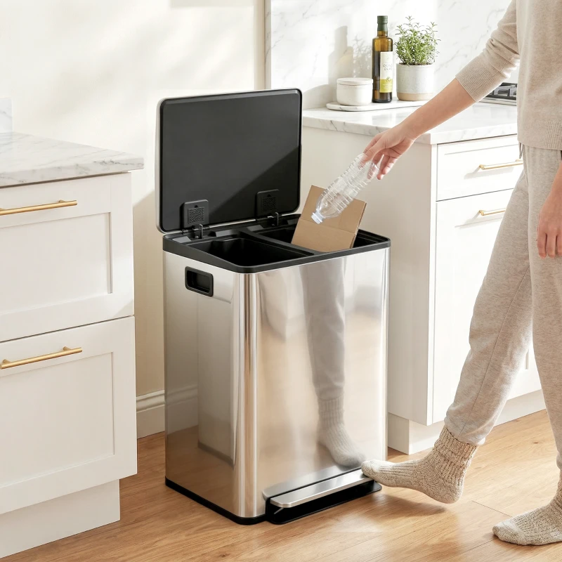 HOMCOM 2 x 30L / 7.9 Gallon Dual Trash Can with Removable Inner Buckets and Handles for Kitchen, Office, Bathroom, Silver