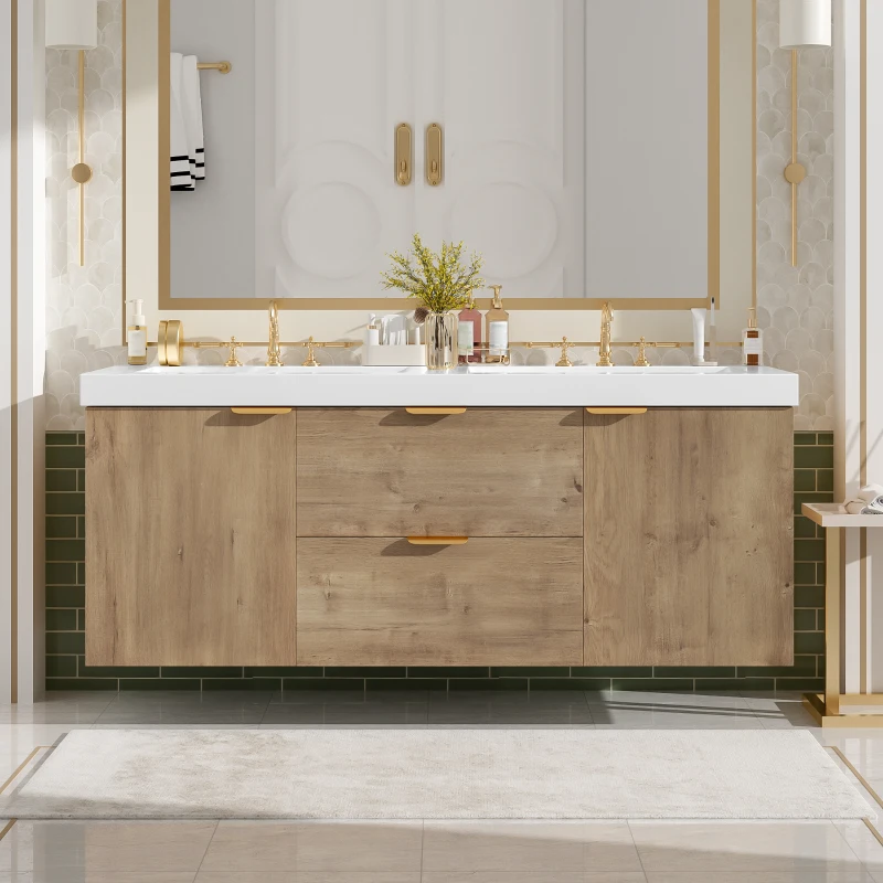 Double Sink Bathroom Vanity with Integrated SMC Top, Wall-Mounted Floating Cabinet for 2 People, 59.5'' L x 20'' W x 25.5'' H, Wood