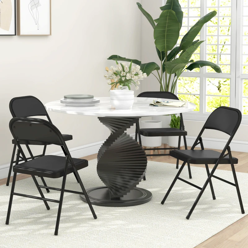 HOMCOM Set of 4 Metal Foldable Chairs, PU Leather Padded Folding Chairs with Cushion Seat and Open Back for Indoor, Black