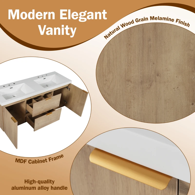 Double Sink Bathroom Vanity with Integrated SMC Top, Wall-Mounted Floating Cabinet for 2 People, 59.5'' L x 20'' W x 25.5'' H, Wood