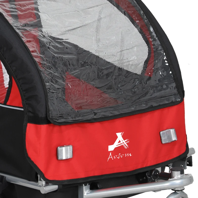 Aosom 2-in-1 Bike Trailer for Kids, Foldable 2-Seat Baby Stroller with 5-Point Harness, Rubber Wheels, Storage Bag, Red