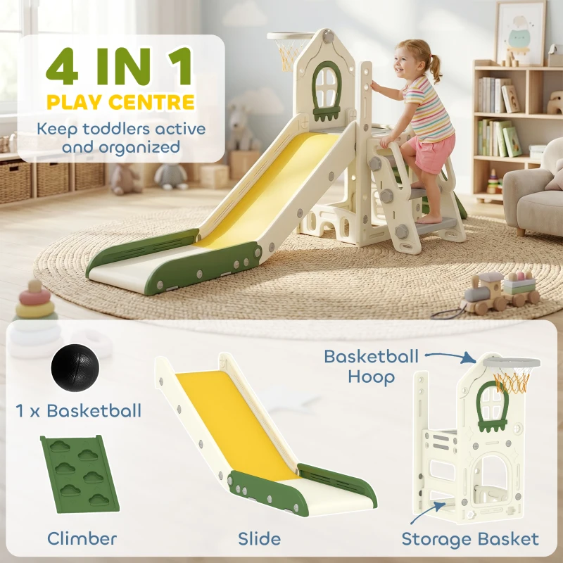 Qaba Foldable 4 in 1 Toddler Slide with Climber, Basketball Hoop, Storage Space and Basketball for Ages 1-3 Years, Cream