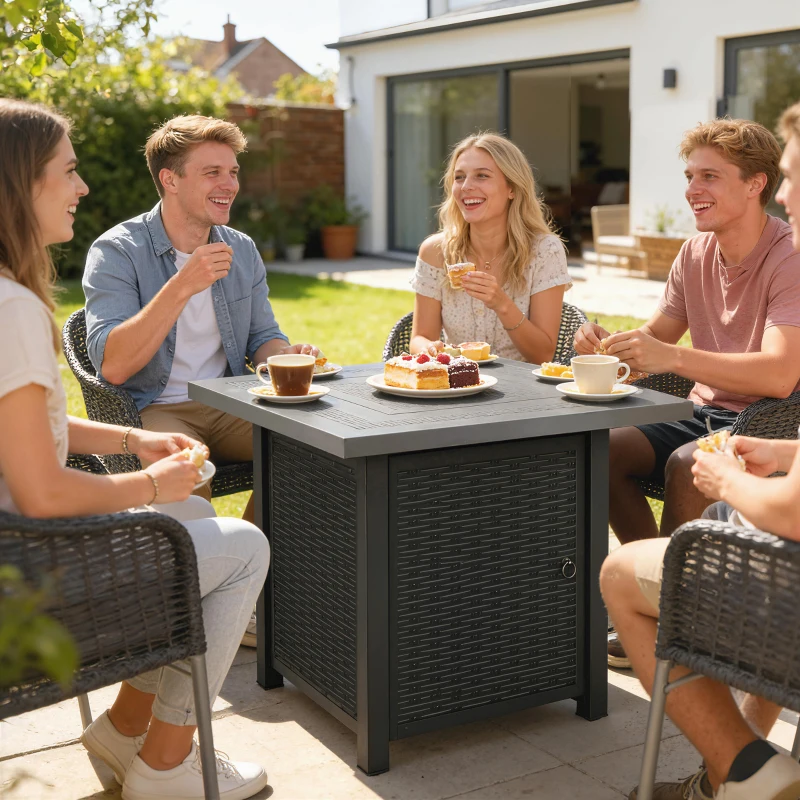 Outsunny Propane Fire Pit Table, 28" 40000 BTU Outdoor Gas Fire Table with Lava Rocks and Lid, Black