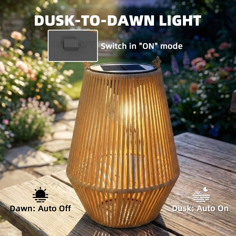 Outsunny 2 Pack Wicker Solar Lanterns Outdoor Waterproof Hanging Lights with Auto On/Off and Handles, Brown