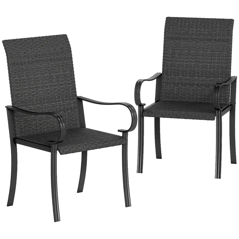 Outsunny 2 Piece PE Rattan Patio Dining Chairs with Steel Frame,  for Garden, Backyard, Pool Side, Porch, Black