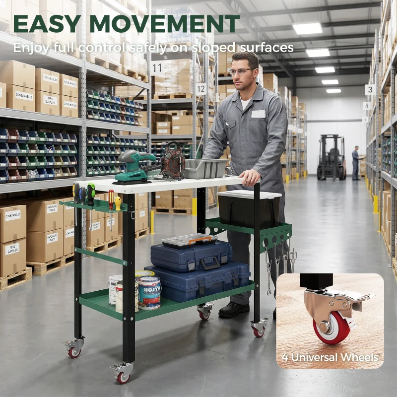 HOMCOM 2Tier Rolling Tool Cart with Wheels, Lockable Steel Heavy Duty Cart with Side Tray, Silver & Green