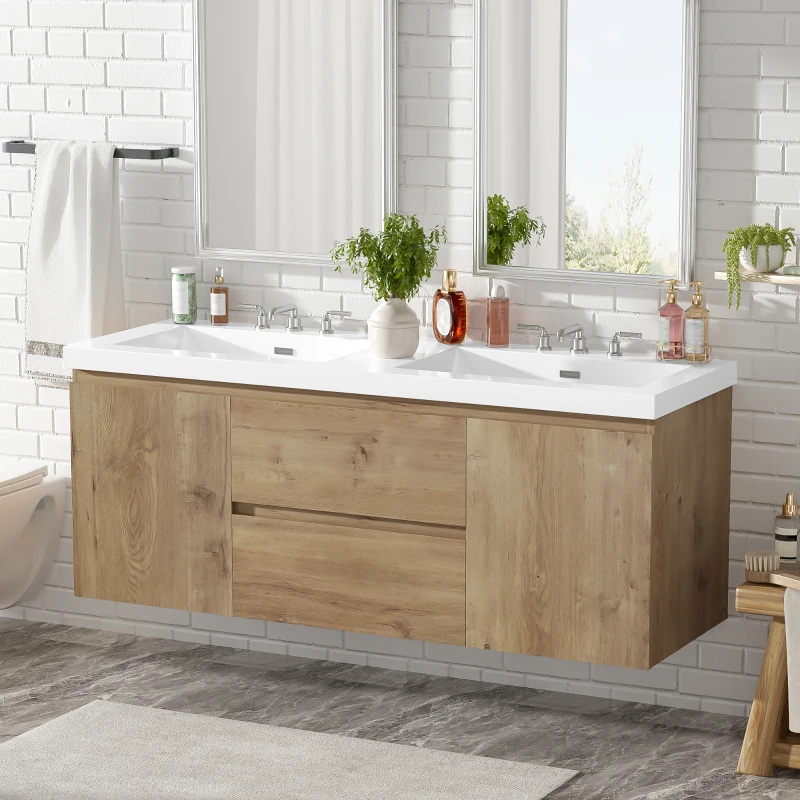 Double Sink Bathroom Vanity with Spacious Under-Sink Storage, Wall-Mounted Floating Cabinet with SMC Top, 59.5'' L x 20'' W x 25.5'' H, Wood