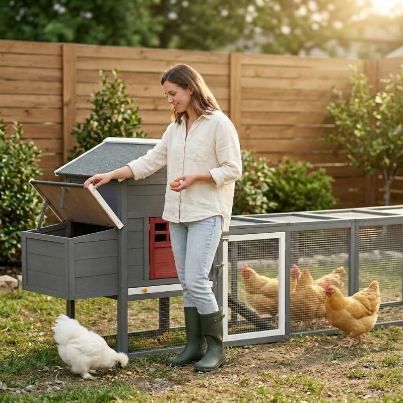 PawHut 118" Extra Large Chicken Coop with Asphalt Roof, Wooden Hen Run with Slide-Out Tray and Nesting Box, Chicken Hutch for 3-6 Chickens, Gray