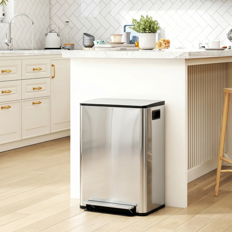 HOMCOM 2 x 30L / 7.9 Gallon Dual Trash Can with Removable Inner Buckets and Handles for Kitchen, Office, Bathroom, Silver