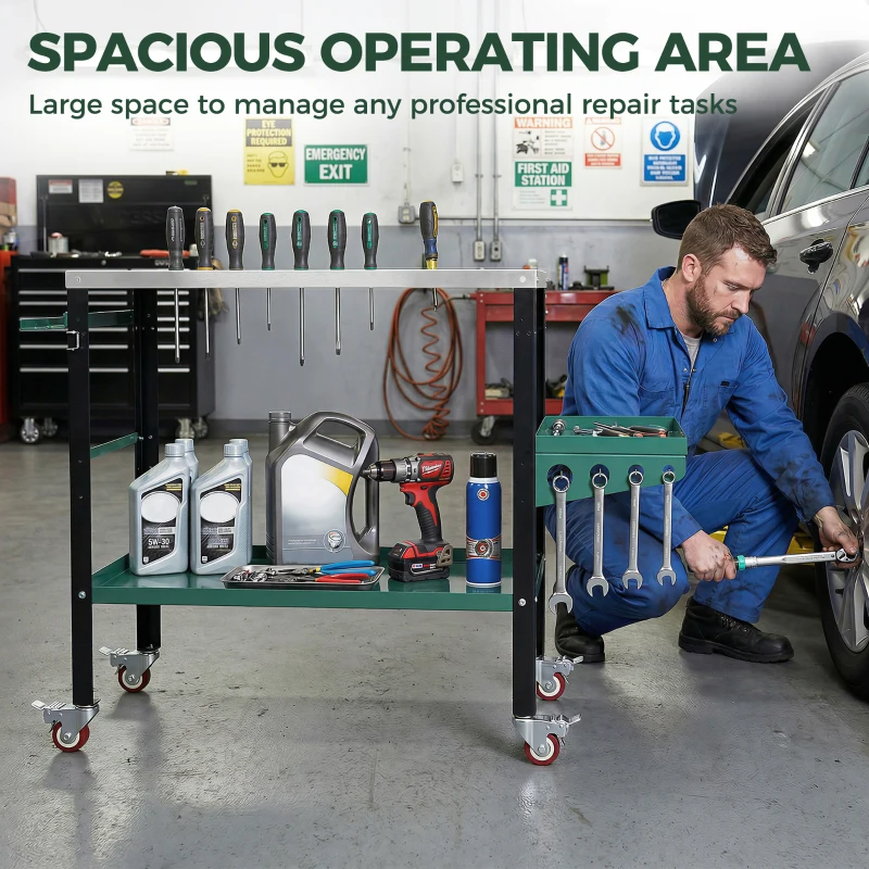 HOMCOM 2Tier Rolling Tool Cart with Wheels, Lockable Steel Heavy Duty Cart with Side Tray, Silver & Green