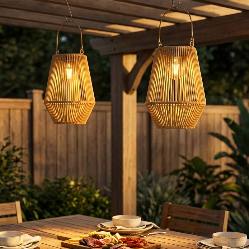 Outsunny 2 Pack Wicker Solar Lanterns Outdoor Waterproof Hanging Lights with Auto On/Off and Handles, Brown