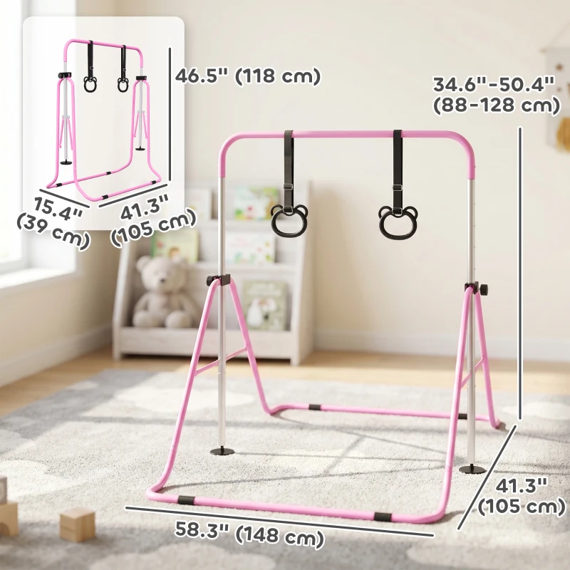 Qaba Kids Gymnastics Bar, Adjustable Height Folding Horizontal Bar with Gymnastics Rings, Non-slip Rubber Floor Rings, Pink