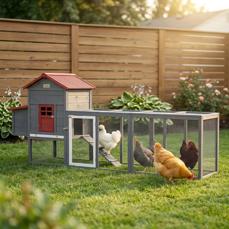 PawHut 118" Extra Large Chicken Coop with Asphalt Roof, Wooden Hen Run with Slide-Out Tray and Nesting Box, Chicken Hutch for 3-6 Chickens, Gray