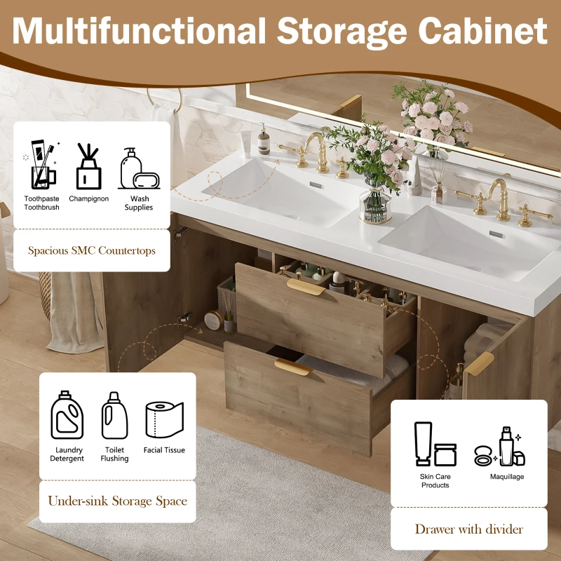 Double Sink Bathroom Vanity with Integrated SMC Top, Wall-Mounted Floating Cabinet for 2 People, 59.5'' L x 20'' W x 25.5'' H, Wood