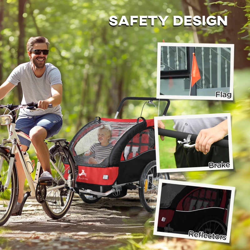 Aosom 2-in-1 Bike Trailer for Kids, Foldable 2-Seat Baby Stroller with 5-Point Harness, Rubber Wheels, Storage Bag, Red