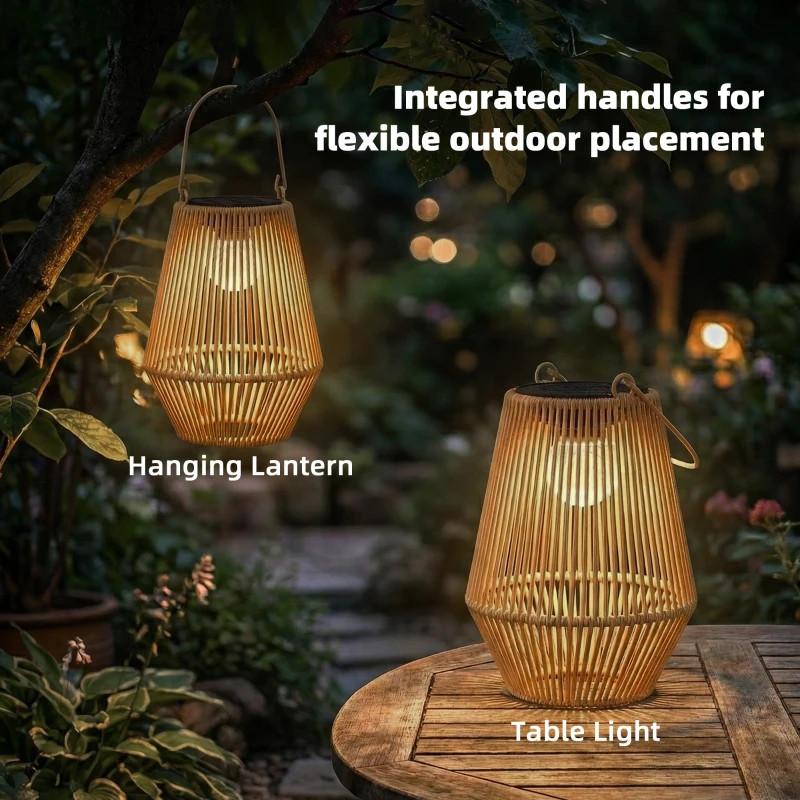 Outsunny 2 Pack Wicker Solar Lanterns Outdoor Waterproof Hanging Lights with Auto On/Off and Handles, Brown
