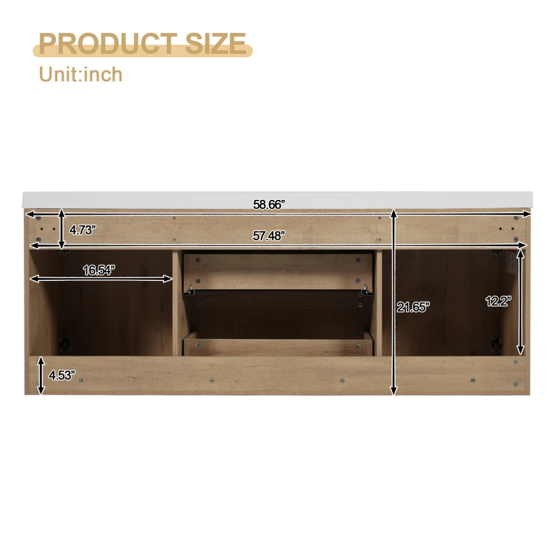 Double Sink Bathroom Vanity with Spacious Under-Sink Storage, Wall-Mounted Floating Cabinet with SMC Top, 59.5'' L x 20'' W x 25.5'' H, Wood