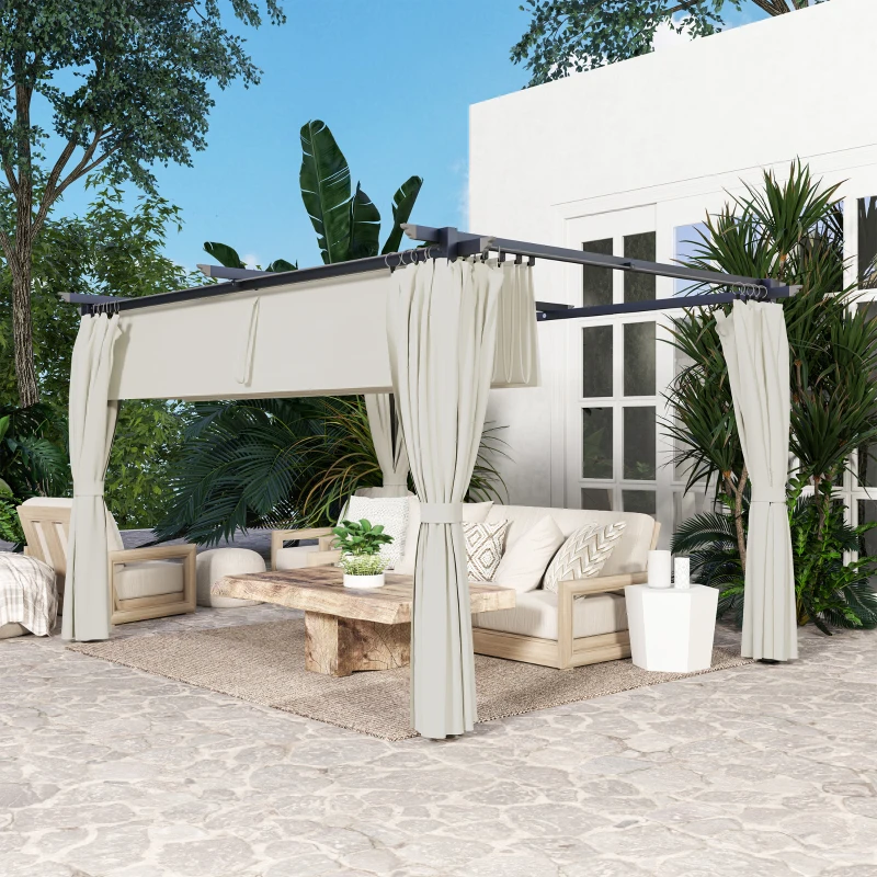 Outsunny 10' x 13' Pergola with Retractable Canopy and Curtains, UPF30+ Sun Shade Shelter for Grill, Garden, Backyard, Deck