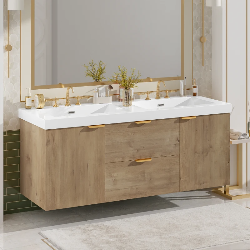 Double Sink Bathroom Vanity with Integrated SMC Top, Wall-Mounted Floating Cabinet for 2 People, 59.5'' L x 20'' W x 25.5'' H, Wood