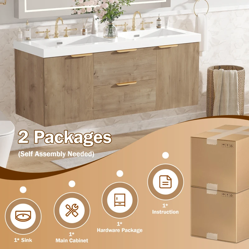 Double Sink Bathroom Vanity with Integrated SMC Top, Wall-Mounted Floating Cabinet for 2 People, 59.5'' L x 20'' W x 25.5'' H, Wood