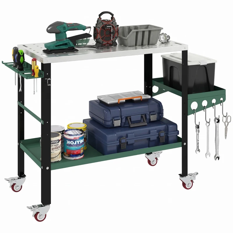 HOMCOM 2Tier Rolling Tool Cart with Wheels, Lockable Steel Heavy Duty Cart with Side Tray, Silver & Green