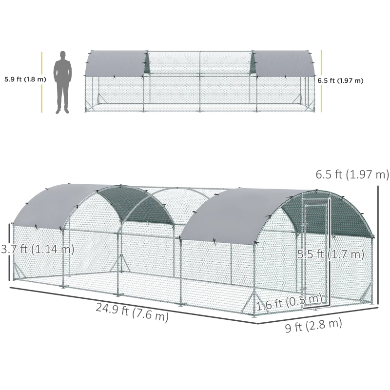 PawHut Galvanized Large Metal Chicken Coop Cage Walk-in Enclosure Poultry Hen Run House Playpen Rabbit Hutch with Cover for Outdoor Backyard 9.2' x 24.9' x 6.5' Silver