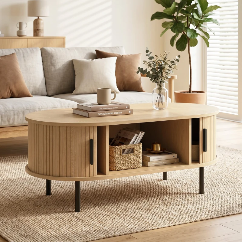 HOMCOM Coffee Table with Sliding Tambour Doors and Storage Center Table with Metal Legs, 39", Natural