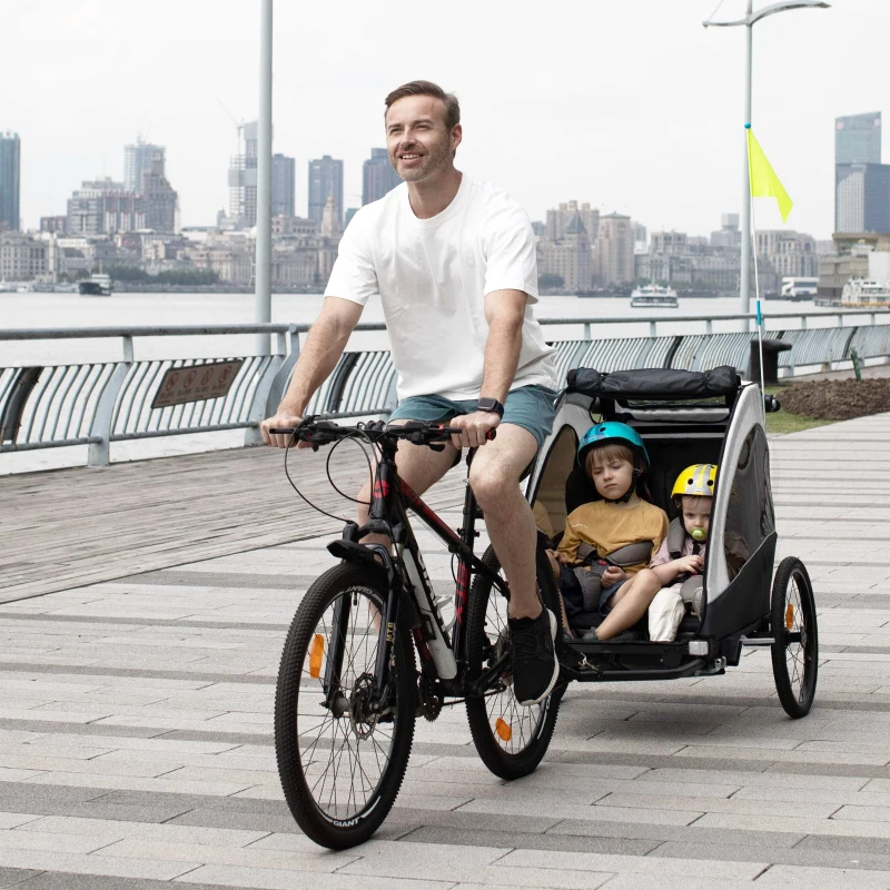 Aosom Bike Trailer for Kids 3 In1 Foldable Child Jogger Stroller Baby Stroller Transport Carrier with Shock Absorber System Rubber Tires Adjustable Handlebar Kid Bicycle Trailer White and Grey