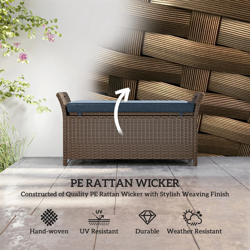 Outsunny 2-In-1 Outdoor Storage Bench, 29 Gallon Wicker Deck Box with Handles and Cushion, Navy Blue