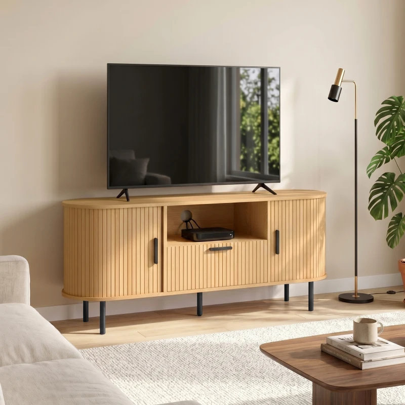 HOMCOM TV Stand for TVs up to 60", Modern Entertainment Center with Curved Sliding Doors and Storage, Natural Wood