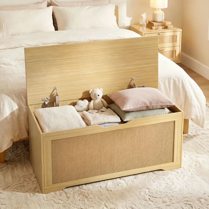 HOMCOM Storage Chest with Lift Top Storage Chest with Safety Hinges 39.4" Oak