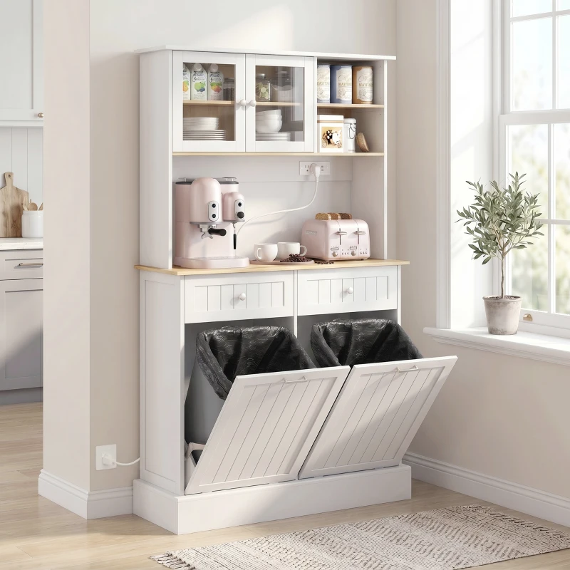 HOMCOM Kitchen Cabinet with Charging Station, 2 Tilt Out Cabinets, Microwave Stand, Freestanding Kitchen Pantry Cabinet, White