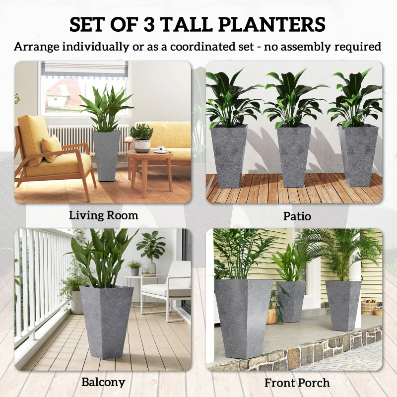 Outsunny 28" Tall Planters, Set of 3 Plastic Flower Pots with Marble Finish and Drainage Holes, Stackable Taper Planters, Gray