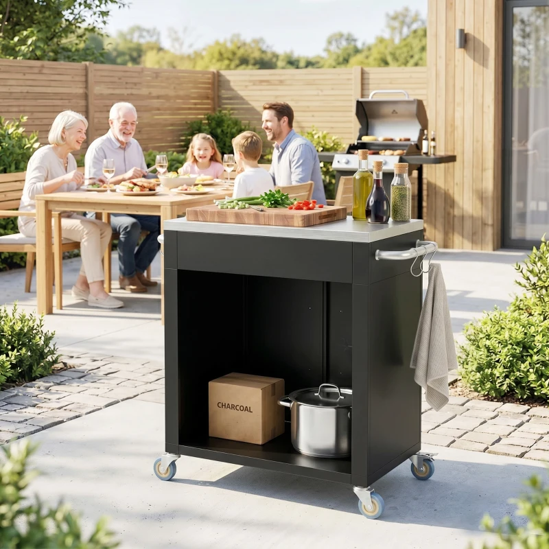 Outsunny Outdoor Grill Cart with Stainless Steel Top, Pizza Oven Table with Wheels Hooks Cabinet Handles,  Black