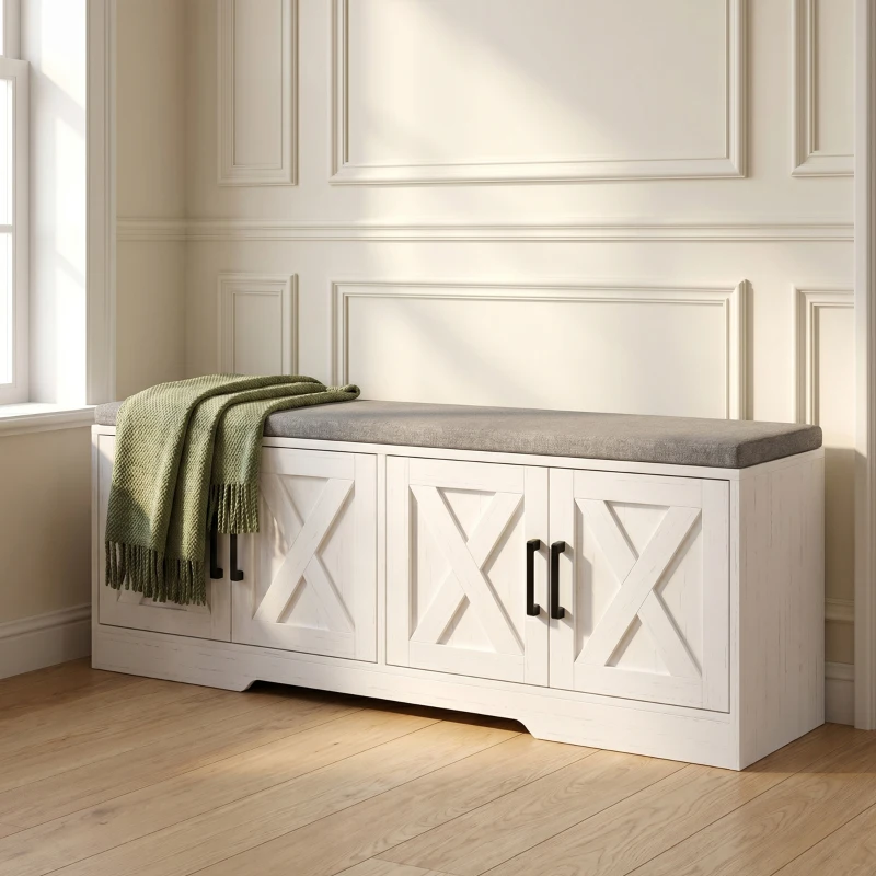 HOMCOM Shoe Bench with Cushion Shoe Storage Bench with Doors Adjustable Shelves for Entryway, White