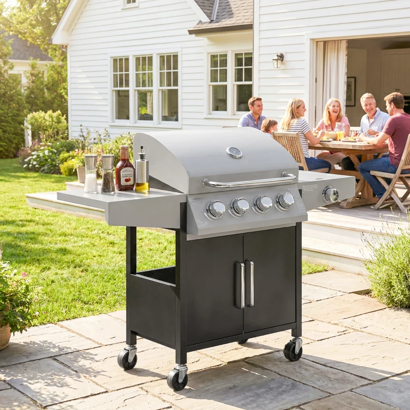 Outsunny 4+1 Burner Liquid Propane Gas Grill, Outdoor Portable BBQ Grill with Side Burner, Warming Rack, Side Shelf