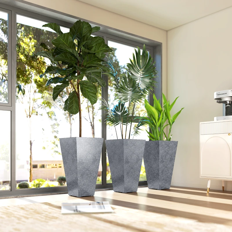 Outsunny 28" Tall Planters, Set of 3 Plastic Flower Pots with Marble Finish and Drainage Holes, Stackable Taper Planters, Gray