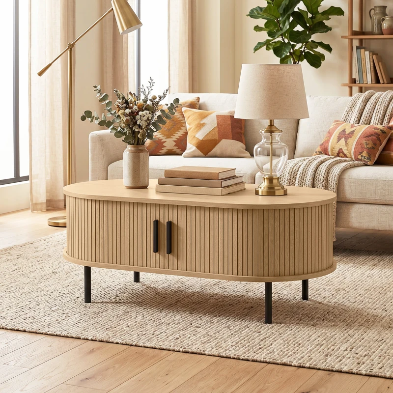 HOMCOM Coffee Table with Sliding Tambour Doors and Storage Center Table with Metal Legs, 39", Natural
