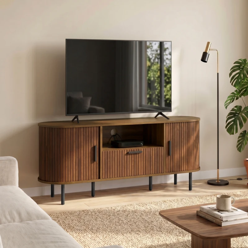 HOMCOM TV Stand for TVs up to 60", Modern Entertainment Center with Curved Sliding Doors and Storage, Brown