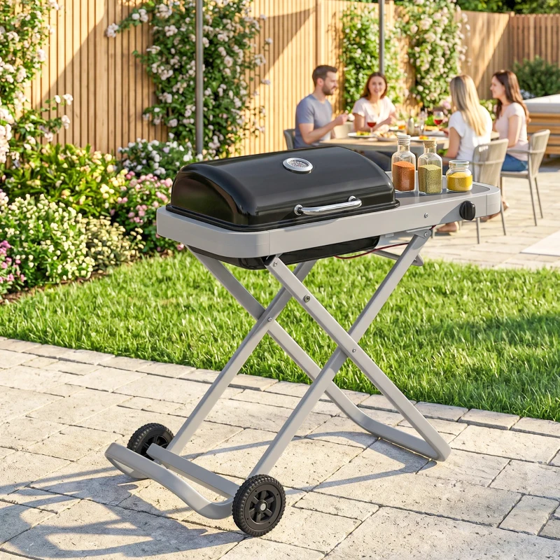 Outsunny Portable Propane Gas BBQ Grill with Foldable Cart, Wheels, 9500 BTU Gas Barbecue Grill with Piezo Ignition Burner, Black