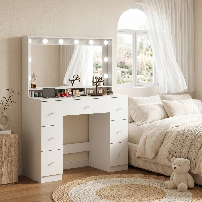 HOMCOM Vanity Desk with 10 Dimmable LED Lights, Mirror Dressing Table with 7 Drawers and Charging Station, White