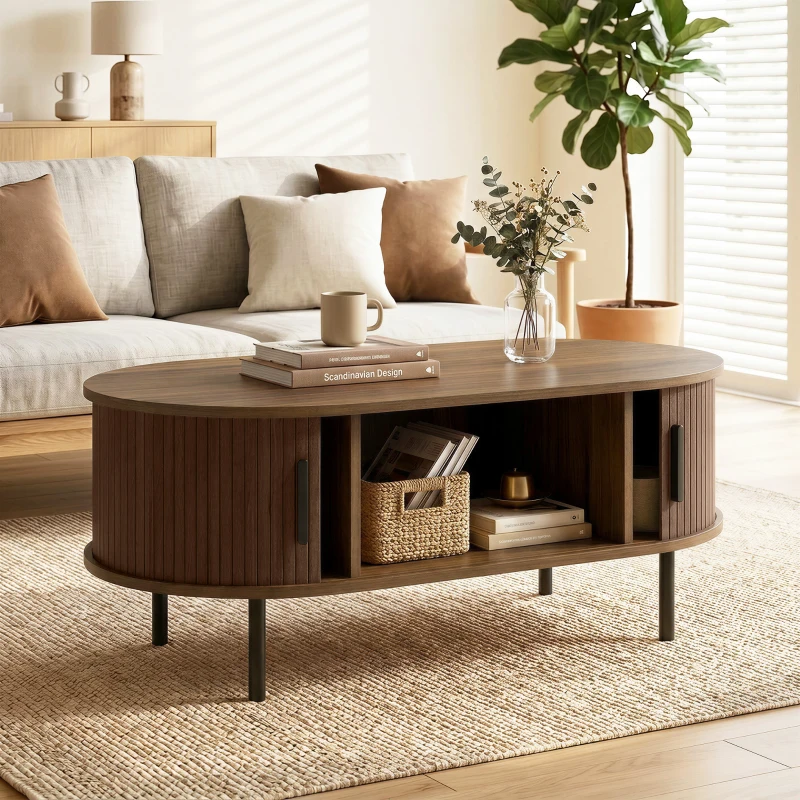 HOMCOM Coffee Table with Sliding Tambour Doors and Storage Center Table with Metal Legs, 39", Brown