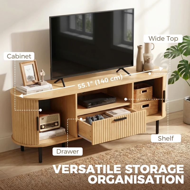 HOMCOM TV Stand for TVs up to 60", Modern Entertainment Center with Curved Sliding Doors and Storage, Natural Wood