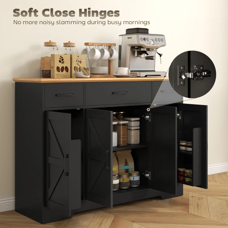 HOMCOM 47" Buffet Cabinet with Soft-Close Hinges, Farmhouse Sideboard with 3 Drawers, Adjustable Shelves and Spice Racks, Black