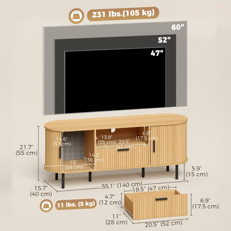 HOMCOM TV Stand for TVs up to 60", Modern Entertainment Center with Curved Sliding Doors and Storage, Natural Wood