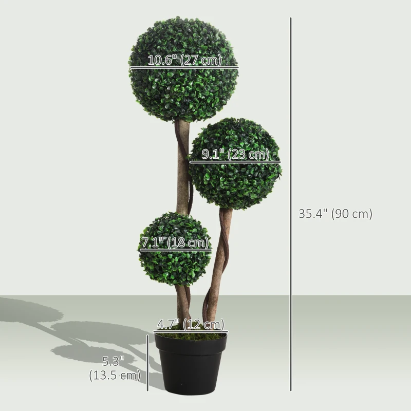 HOMCOM 35 Inch Potted Fake Plant, Artificial Boxwood Topiary Tree, Triple Ball Tree for Indoor and Outdoor, Dark Green