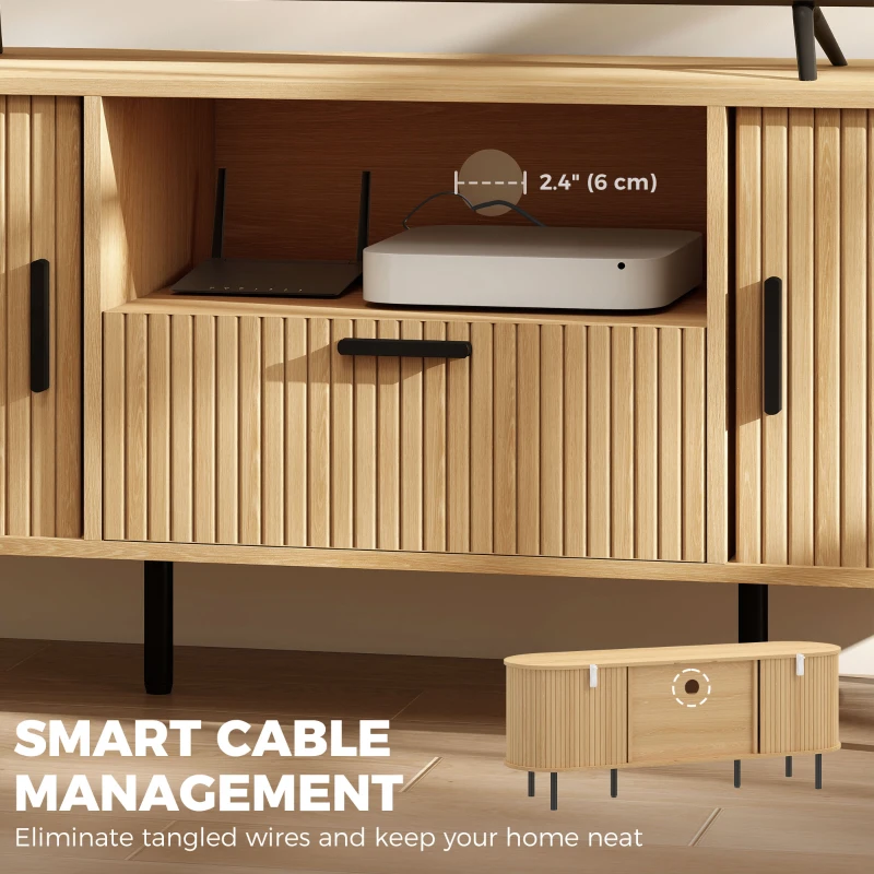 HOMCOM TV Stand for TVs up to 60", Modern Entertainment Center with Curved Sliding Doors and Storage, Natural Wood