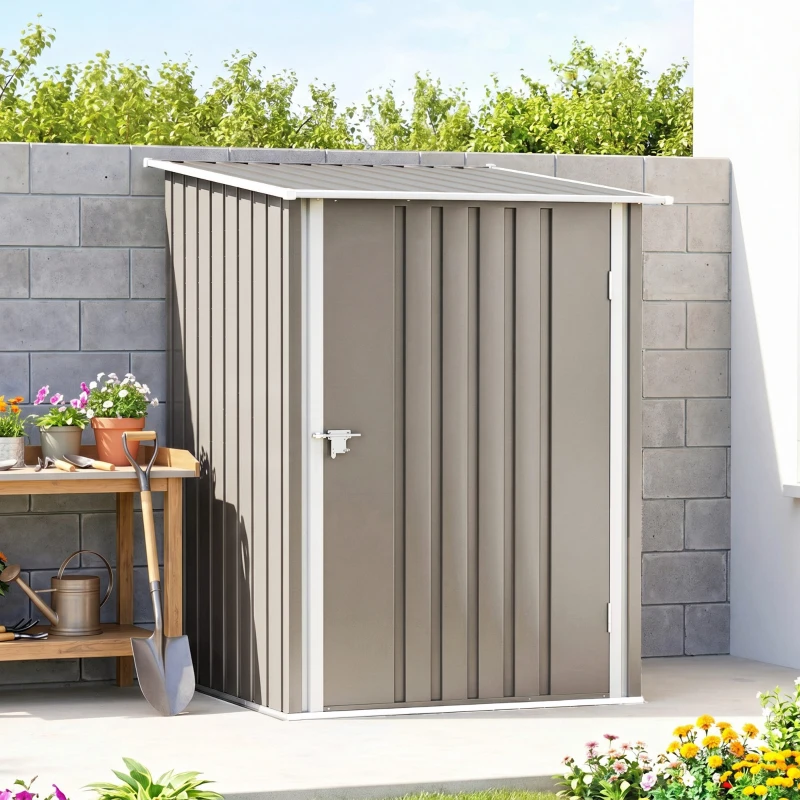 Outsunny 3.3' x 3.4' Lean-to Outdoor Garden Storage Shed, Galvanized Steel with Lockable Door for Patio Brown and White